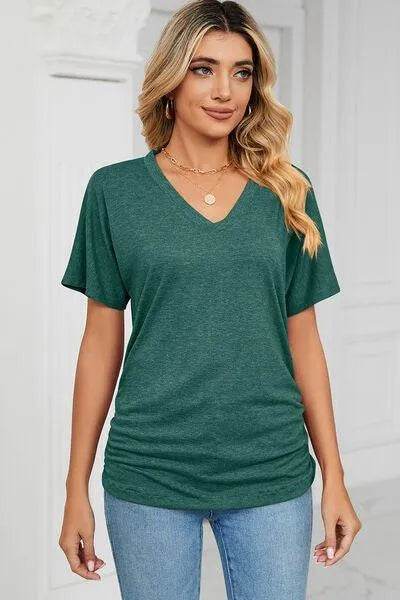 Bona Fide Fashion - Ruched V-Neck Short Sleeve T-Shirt - Women Fashion - Bona Fide Fashion
