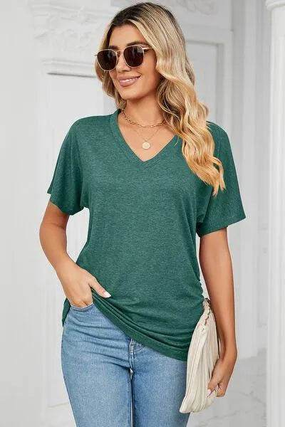 Bona Fide Fashion - Ruched V-Neck Short Sleeve T-Shirt - Women Fashion - Bona Fide Fashion