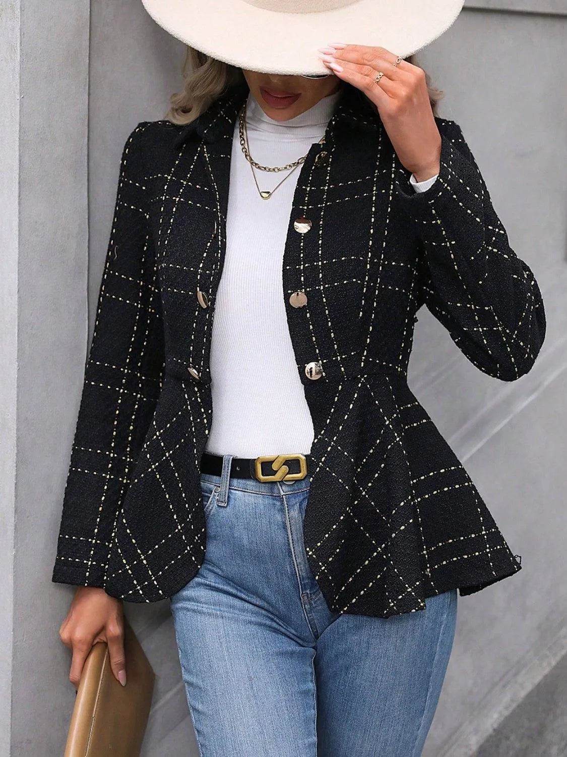 Bona Fide Fashion - Ruffle Hem Collared Blazer - Women Fashion - Bona Fide Fashion