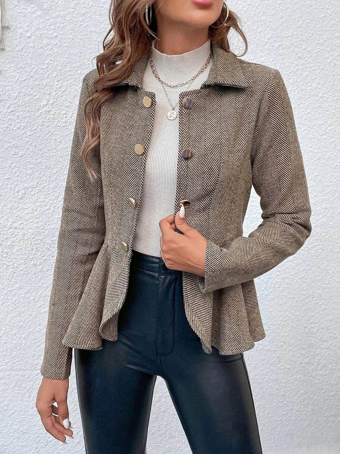 Bona Fide Fashion - Ruffle Hem Collared Blazer - Women Fashion - Bona Fide Fashion