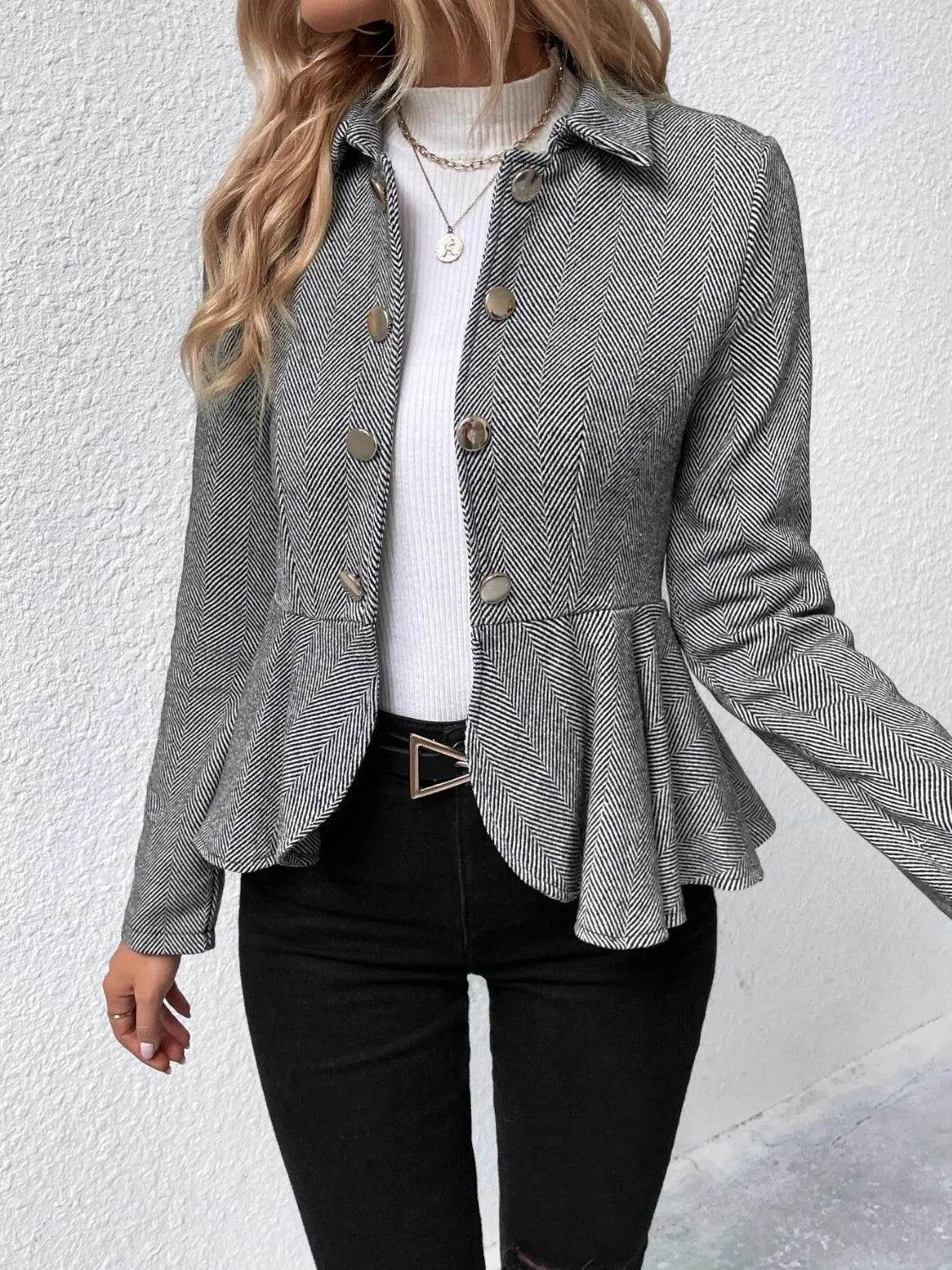 Bona Fide Fashion - Ruffle Hem Collared Blazer - Women Fashion - Bona Fide Fashion