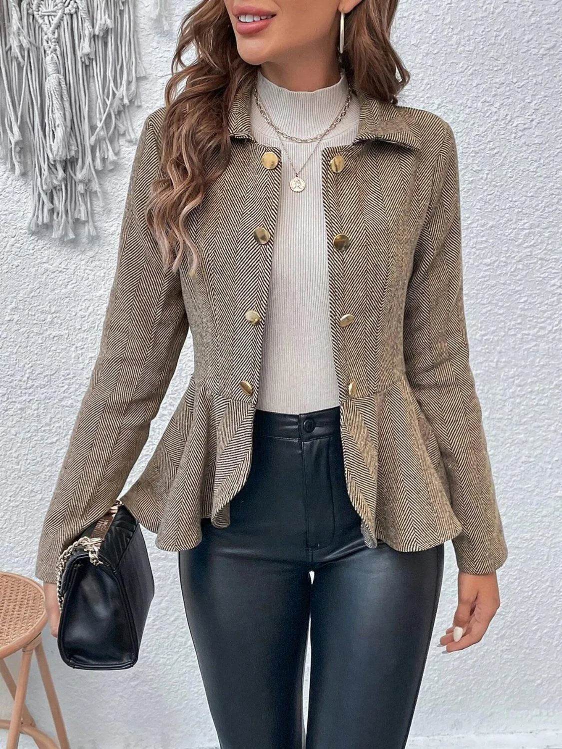 Bona Fide Fashion - Ruffle Hem Collared Blazer - Women Fashion - Bona Fide Fashion