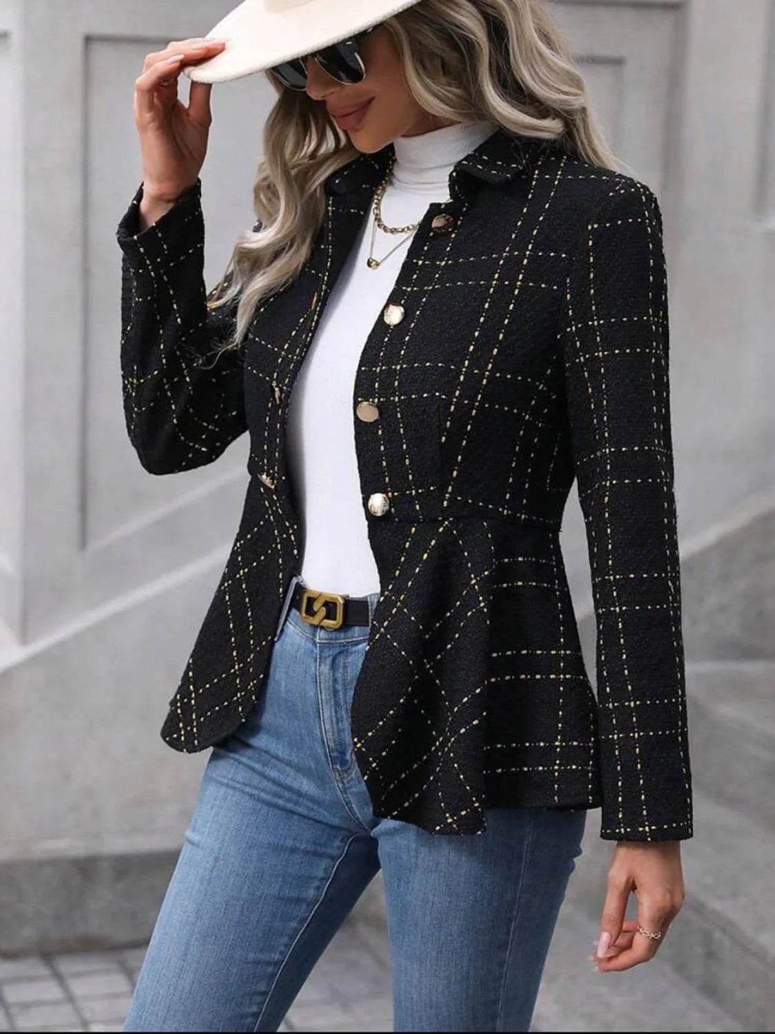 Bona Fide Fashion - Ruffle Hem Collared Blazer - Women Fashion - Bona Fide Fashion