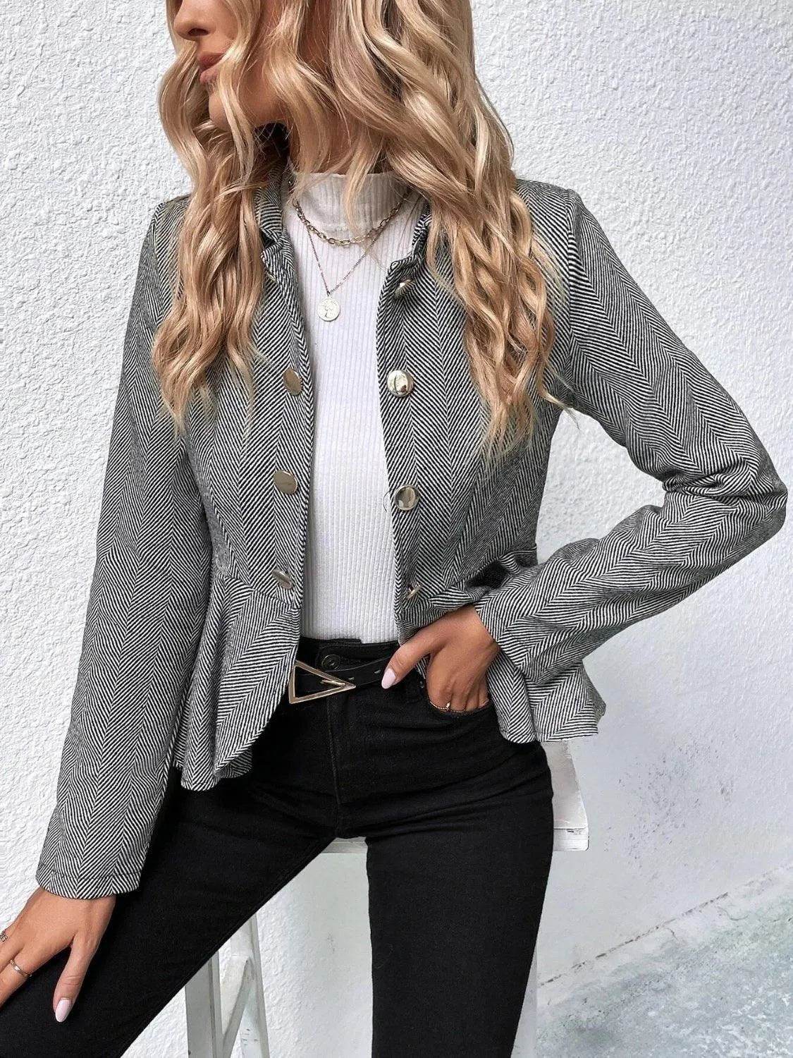 Bona Fide Fashion - Ruffle Hem Collared Blazer - Women Fashion - Bona Fide Fashion