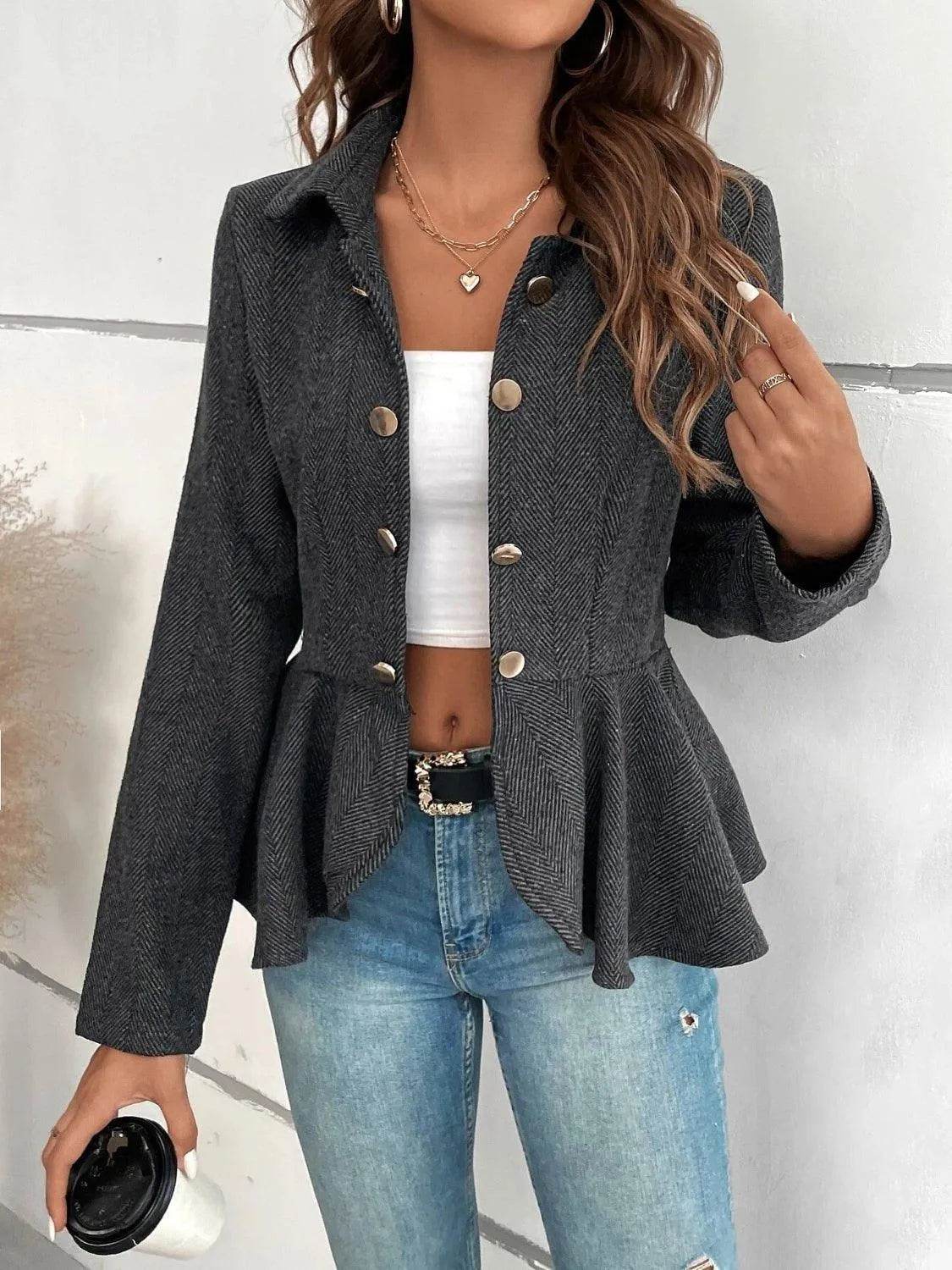 Bona Fide Fashion - Ruffle Hem Collared Blazer - Women Fashion - Bona Fide Fashion