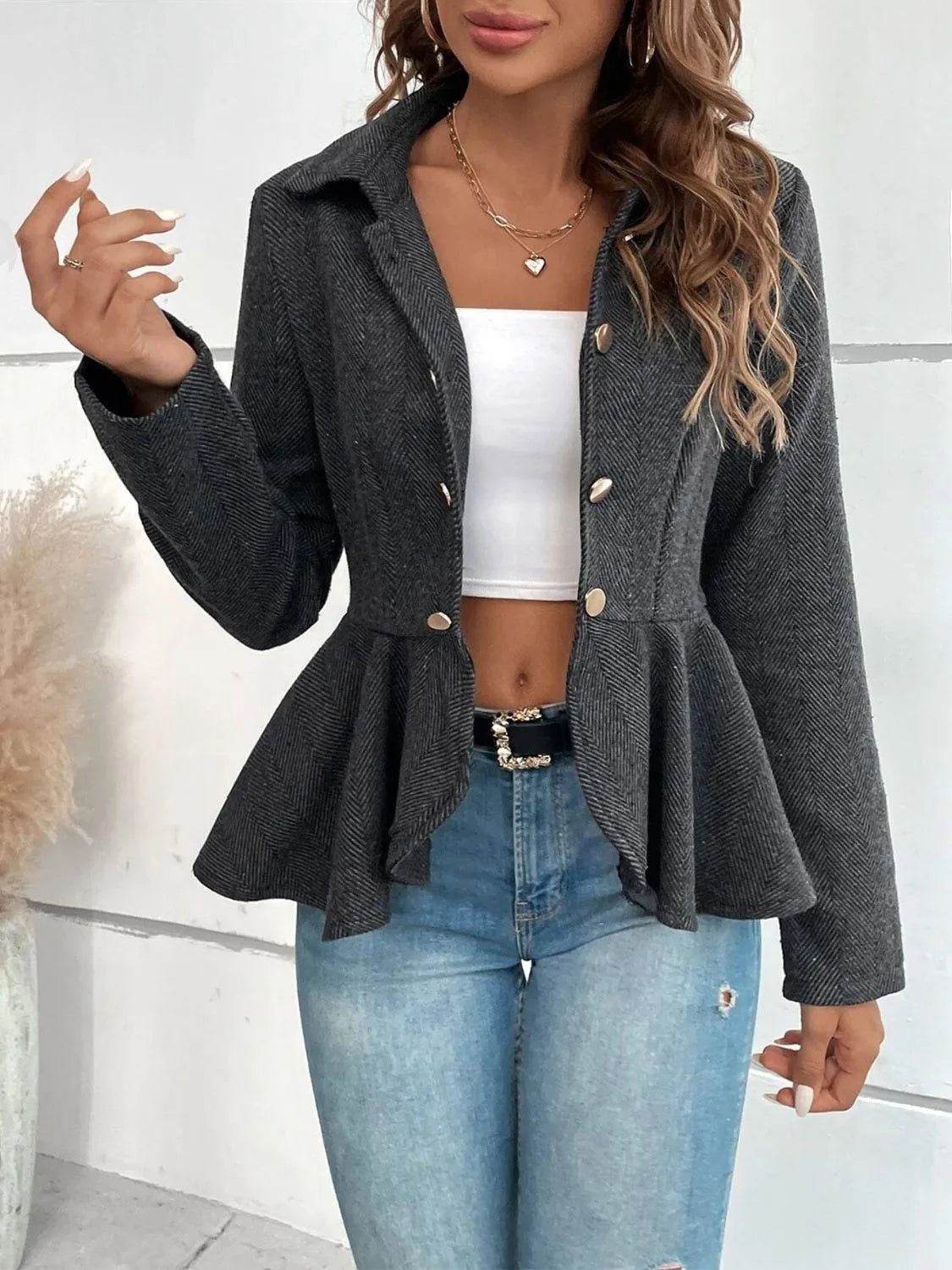 Bona Fide Fashion - Ruffle Hem Collared Blazer - Women Fashion - Bona Fide Fashion