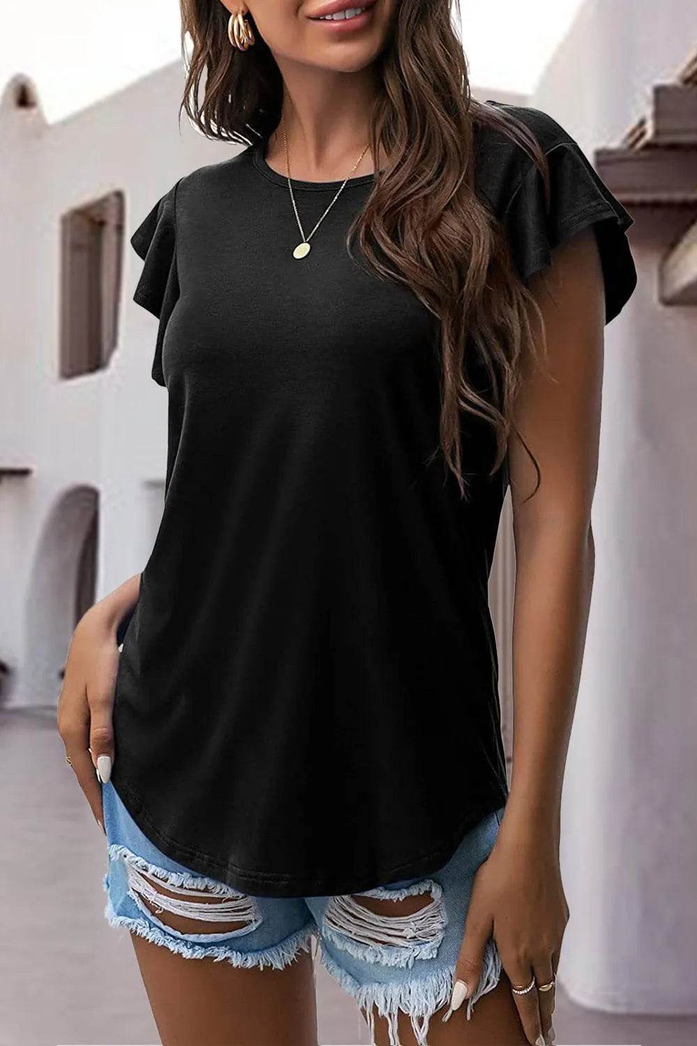 Bona Fide Fashion - Ruffled Round Neck Cap Sleeve Blouse - Women Fashion - Bona Fide Fashion