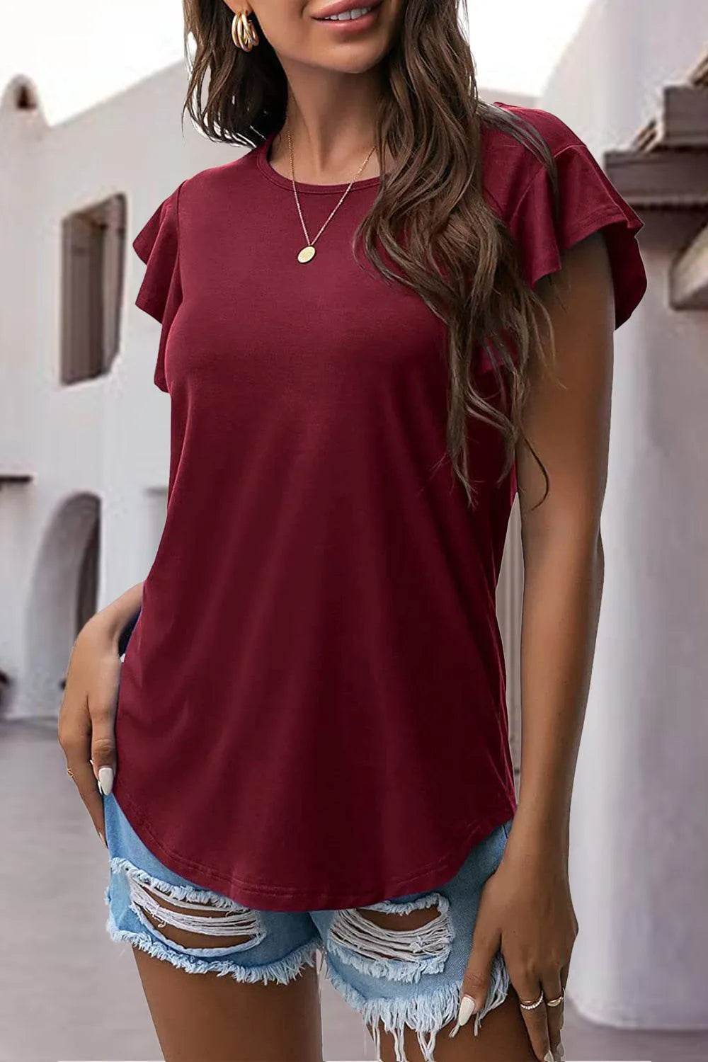 Bona Fide Fashion - Ruffled Round Neck Cap Sleeve Blouse - Women Fashion - Bona Fide Fashion