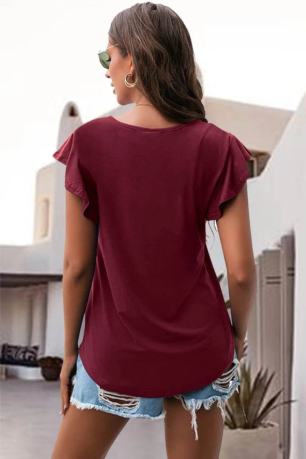 Bona Fide Fashion - Ruffled Round Neck Cap Sleeve Blouse - Women Fashion - Bona Fide Fashion