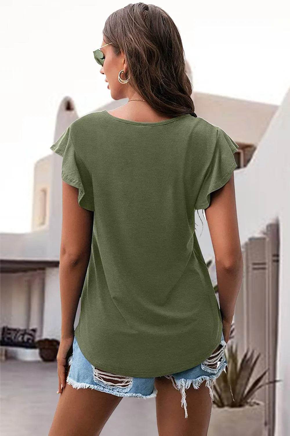 Bona Fide Fashion - Ruffled Round Neck Cap Sleeve Blouse - Women Fashion - Bona Fide Fashion