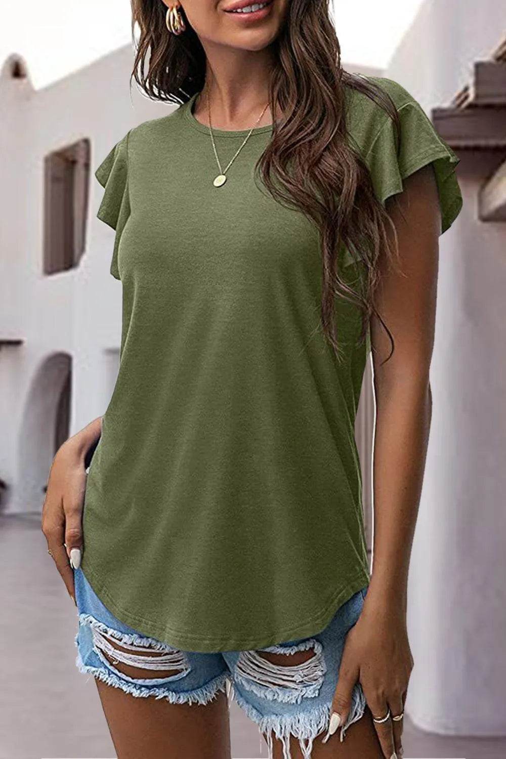 Bona Fide Fashion - Ruffled Round Neck Cap Sleeve Blouse - Women Fashion - Bona Fide Fashion