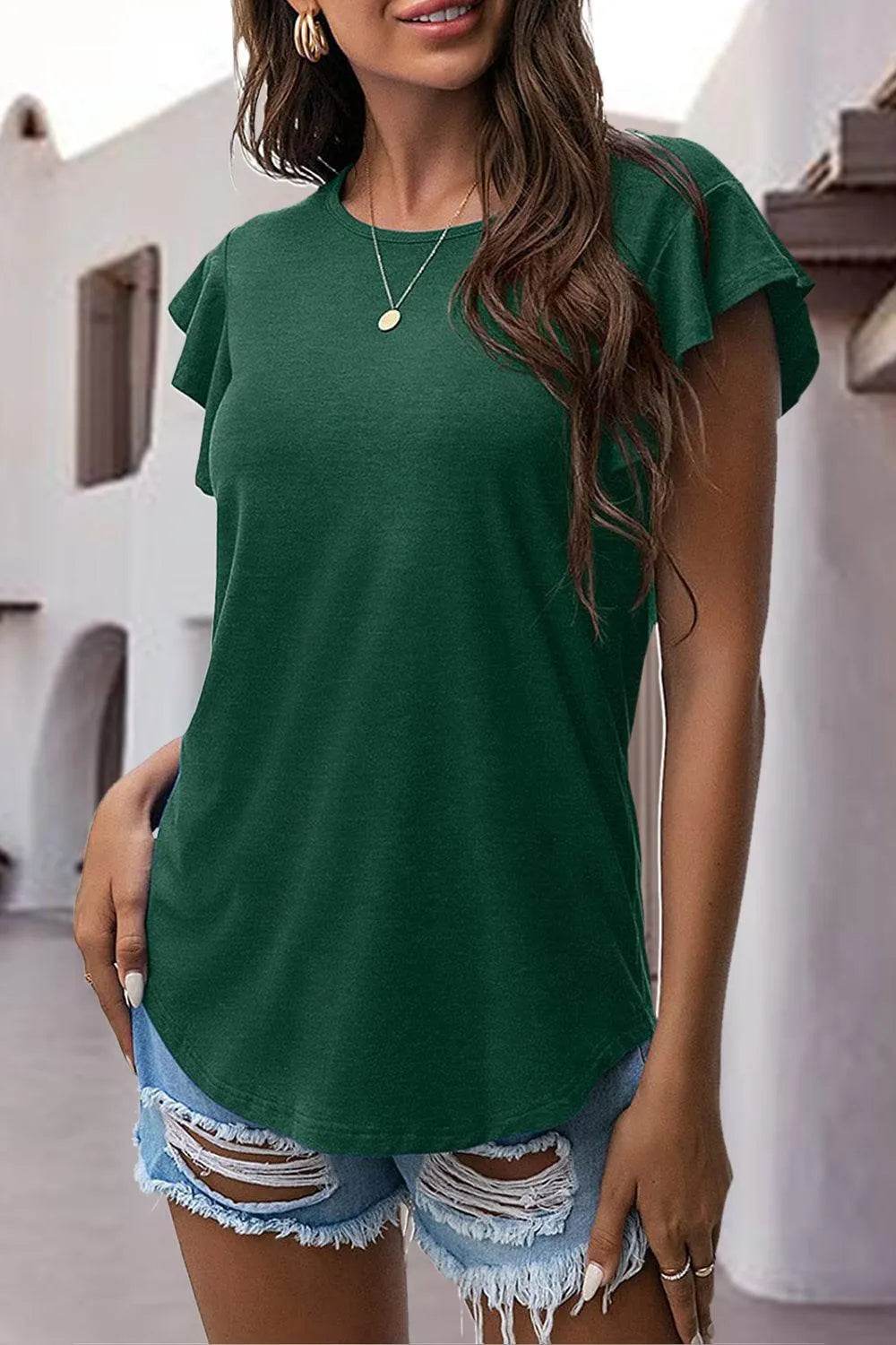 Bona Fide Fashion - Ruffled Round Neck Cap Sleeve Blouse - Women Fashion - Bona Fide Fashion