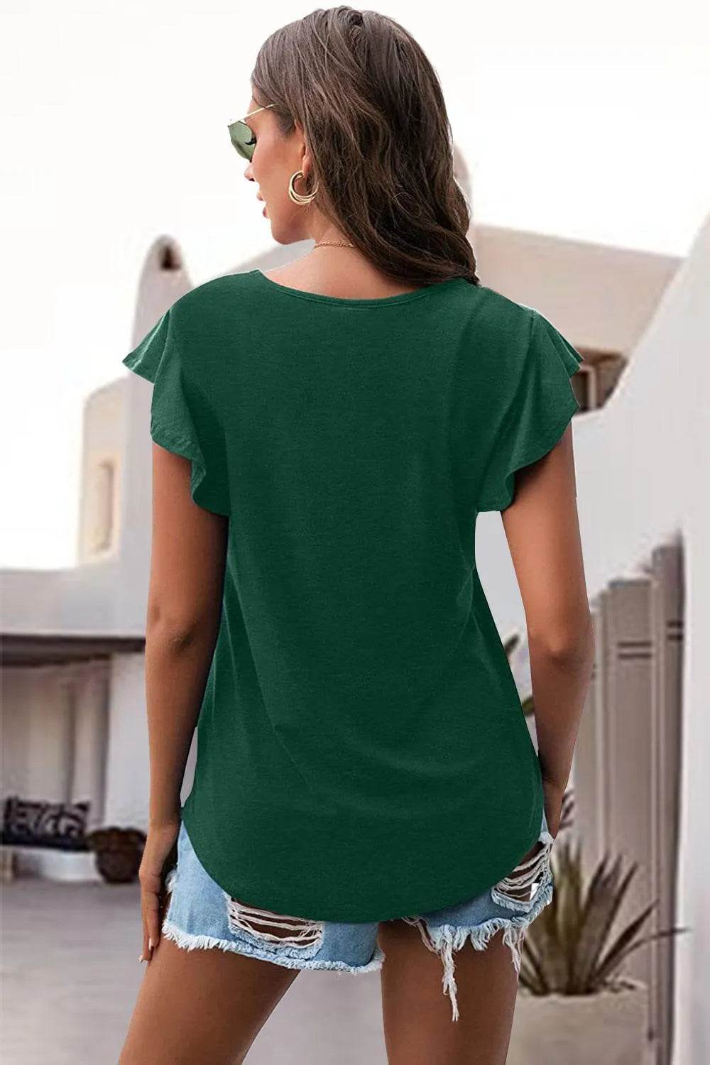 Bona Fide Fashion - Ruffled Round Neck Cap Sleeve Blouse - Women Fashion - Bona Fide Fashion
