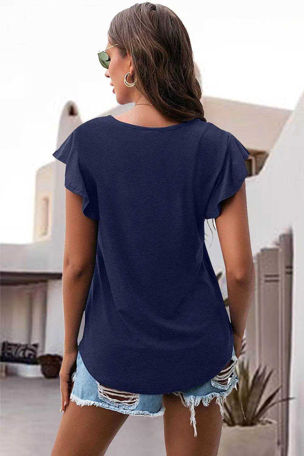 Bona Fide Fashion - Ruffled Round Neck Cap Sleeve Blouse - Women Fashion - Bona Fide Fashion