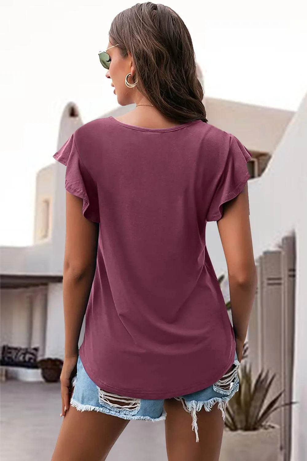 Bona Fide Fashion - Ruffled Round Neck Cap Sleeve Blouse - Women Fashion - Bona Fide Fashion