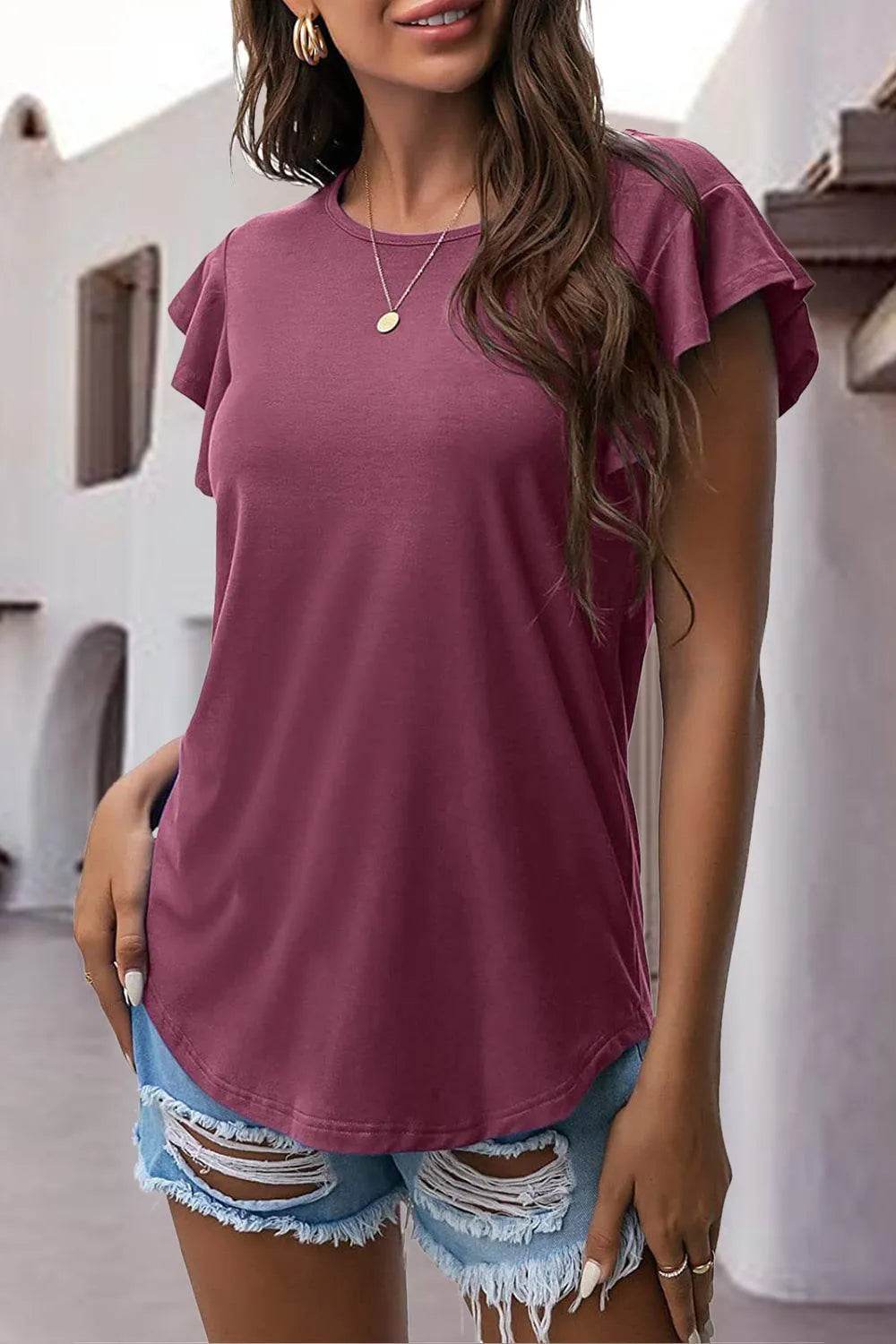 Bona Fide Fashion - Ruffled Round Neck Cap Sleeve Blouse - Women Fashion - Bona Fide Fashion