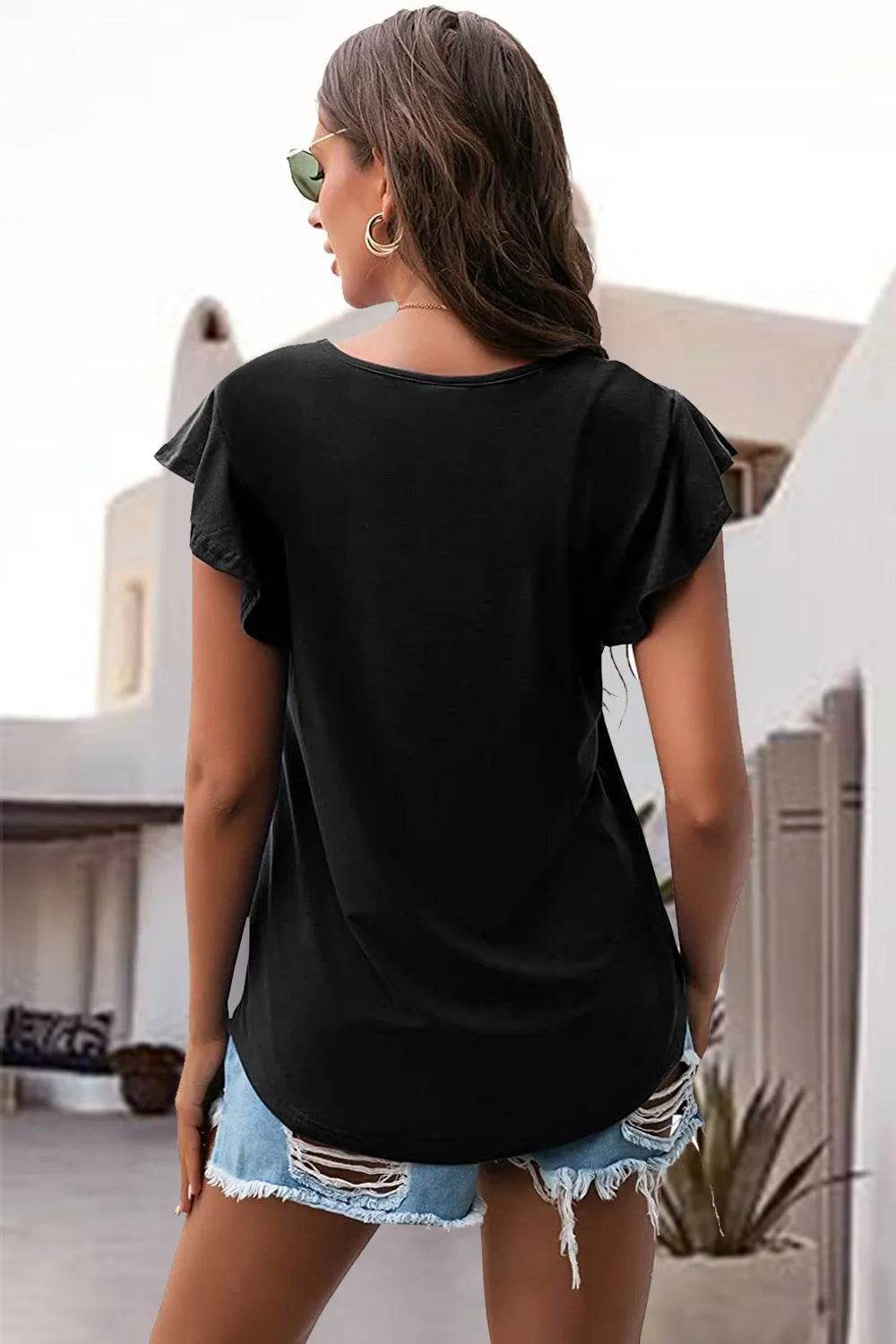 Bona Fide Fashion - Ruffled Round Neck Cap Sleeve Blouse - Women Fashion - Bona Fide Fashion