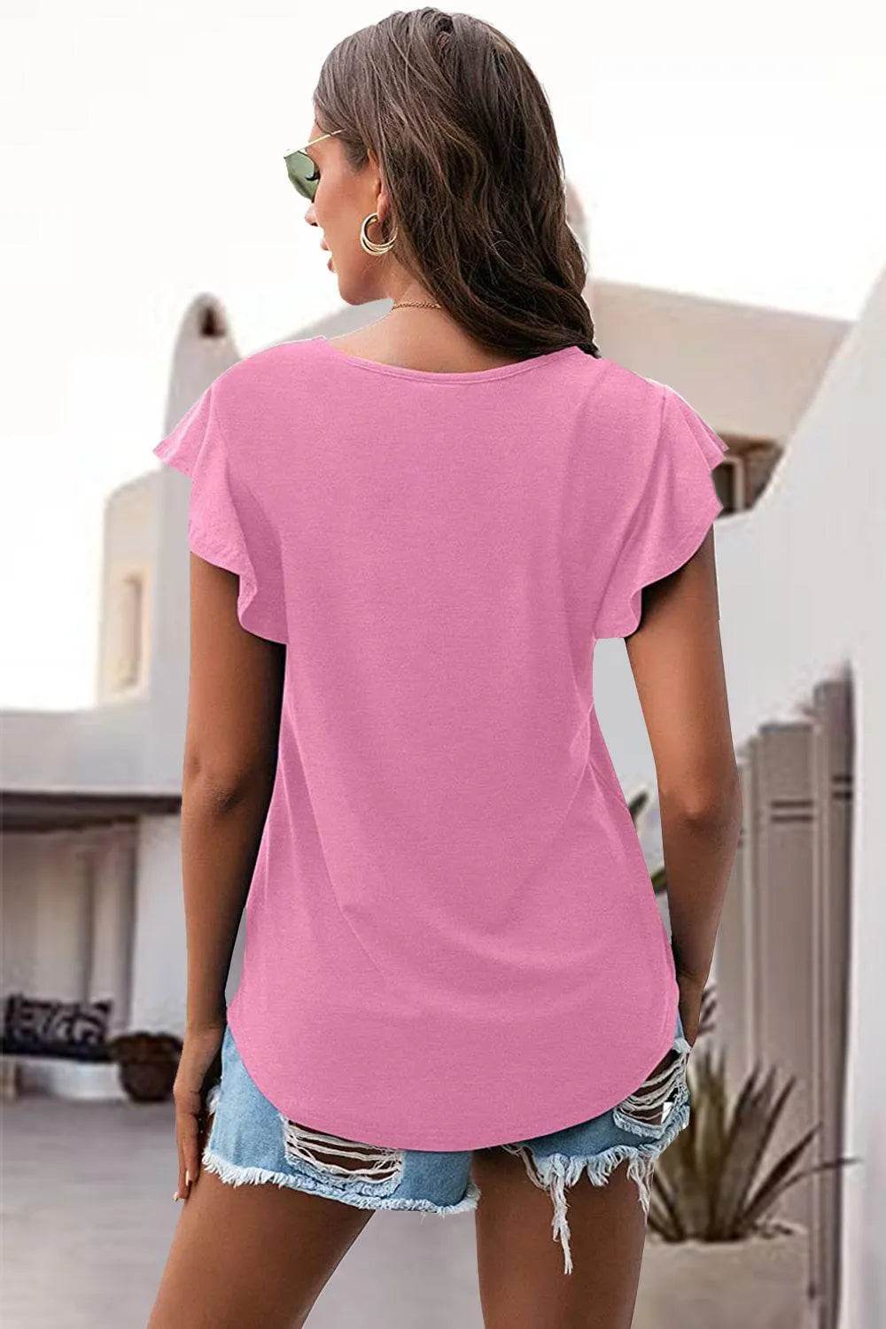 Bona Fide Fashion - Ruffled Round Neck Cap Sleeve Blouse - Women Fashion - Bona Fide Fashion