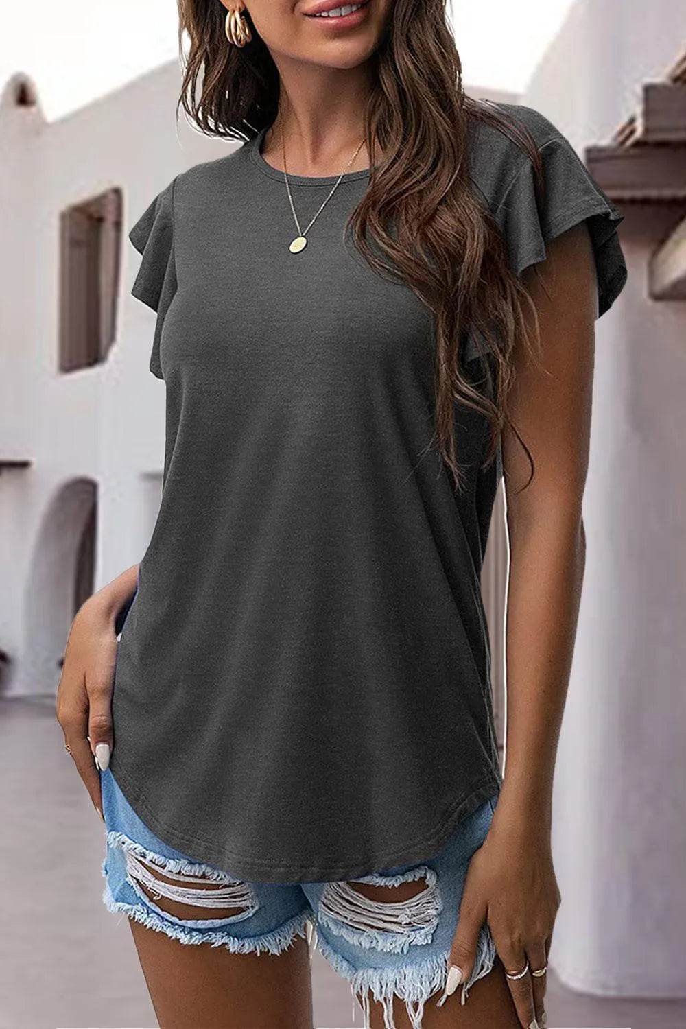Bona Fide Fashion - Ruffled Round Neck Cap Sleeve Blouse - Women Fashion - Bona Fide Fashion