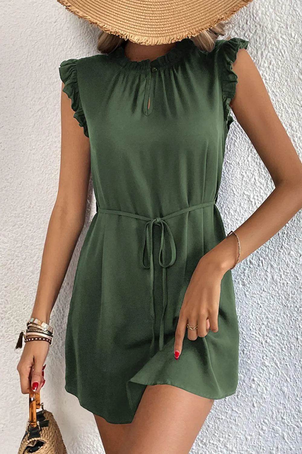 Bona Fide Fashion - Ruffled Tie-Waist Keyhole Dress - Women Fashion - Bona Fide Fashion