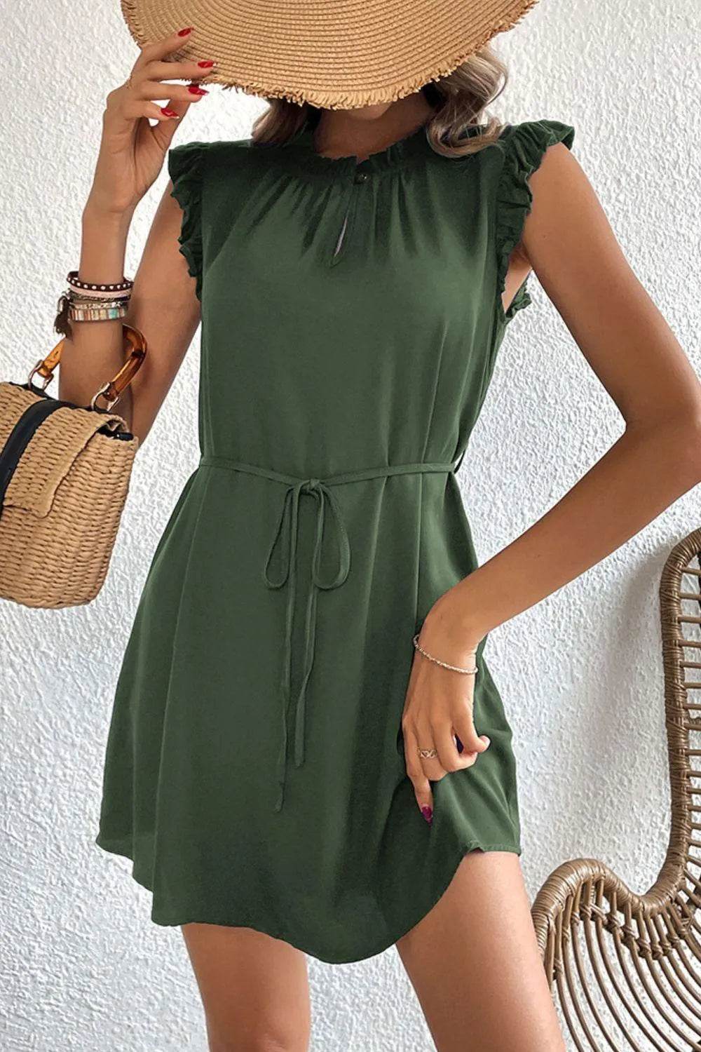 Bona Fide Fashion - Ruffled Tie-Waist Keyhole Dress - Women Fashion - Bona Fide Fashion