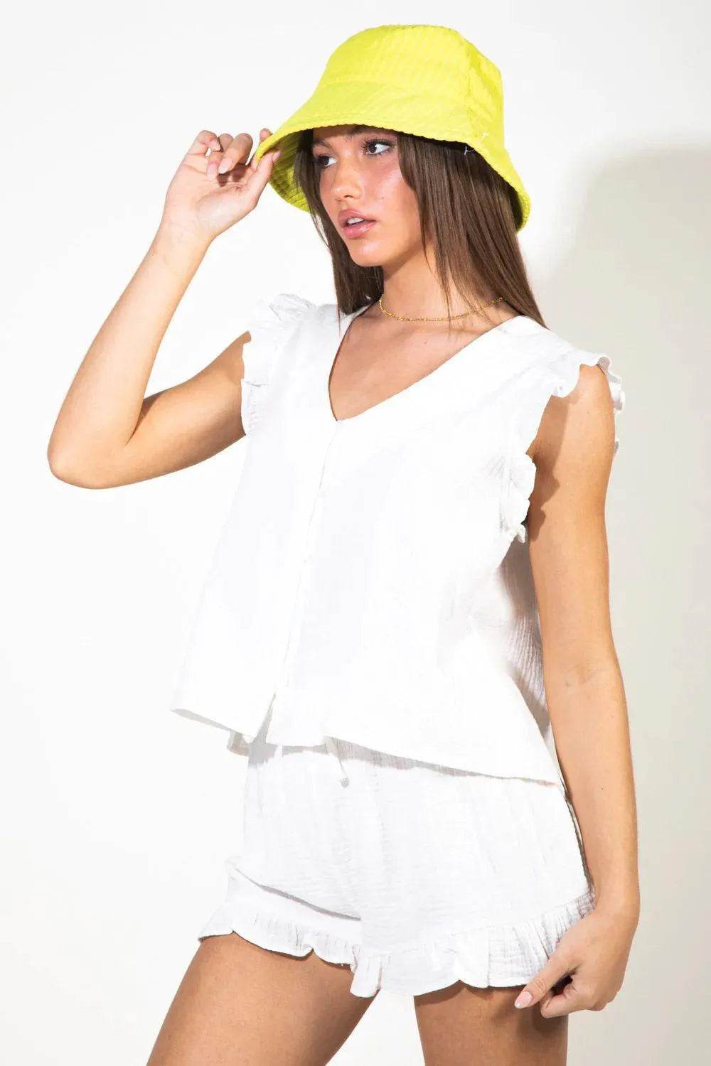 Bona Fide Fashion - Ruffled V-Neck Cap Sleeve and Shorts Set - Women Fashion - Bona Fide Fashion