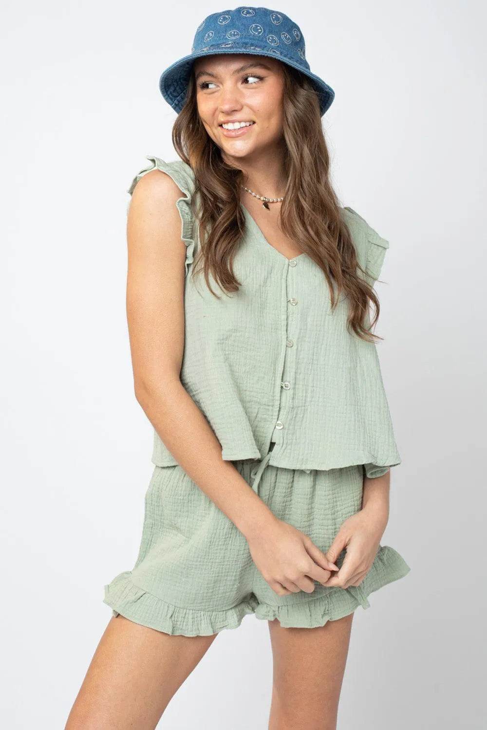 Bona Fide Fashion - Ruffled V-Neck Cap Sleeve and Shorts Set - Women Fashion - Bona Fide Fashion