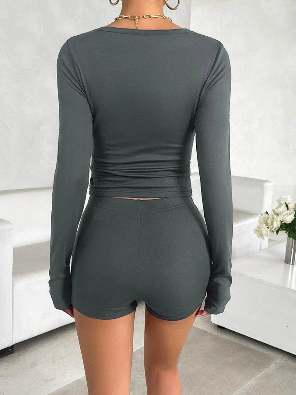 Bona Fide Fashion - Scoop Neck Long Sleeve Top and Shorts Set - Women Fashion - Bona Fide Fashion