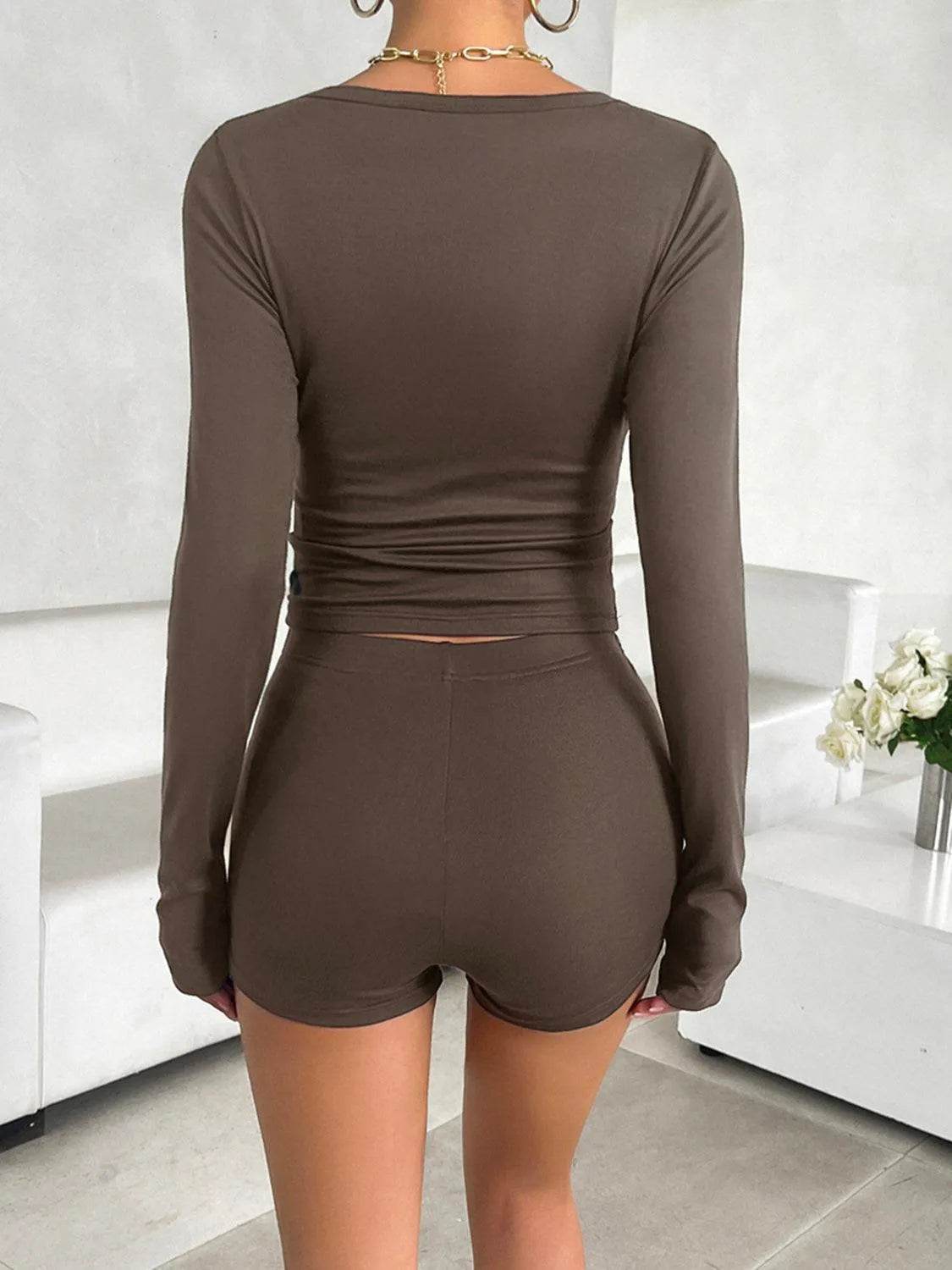 Bona Fide Fashion - Scoop Neck Long Sleeve Top and Shorts Set - Women Fashion - Bona Fide Fashion