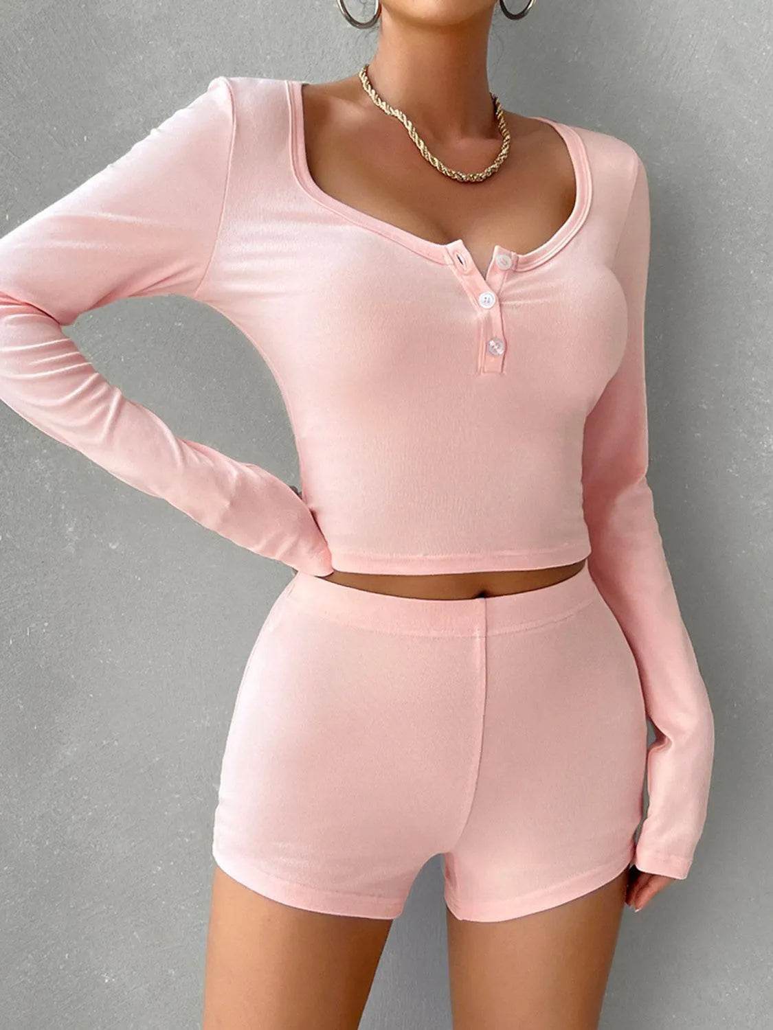 Bona Fide Fashion - Scoop Neck Long Sleeve Top and Shorts Set - Women Fashion - Bona Fide Fashion