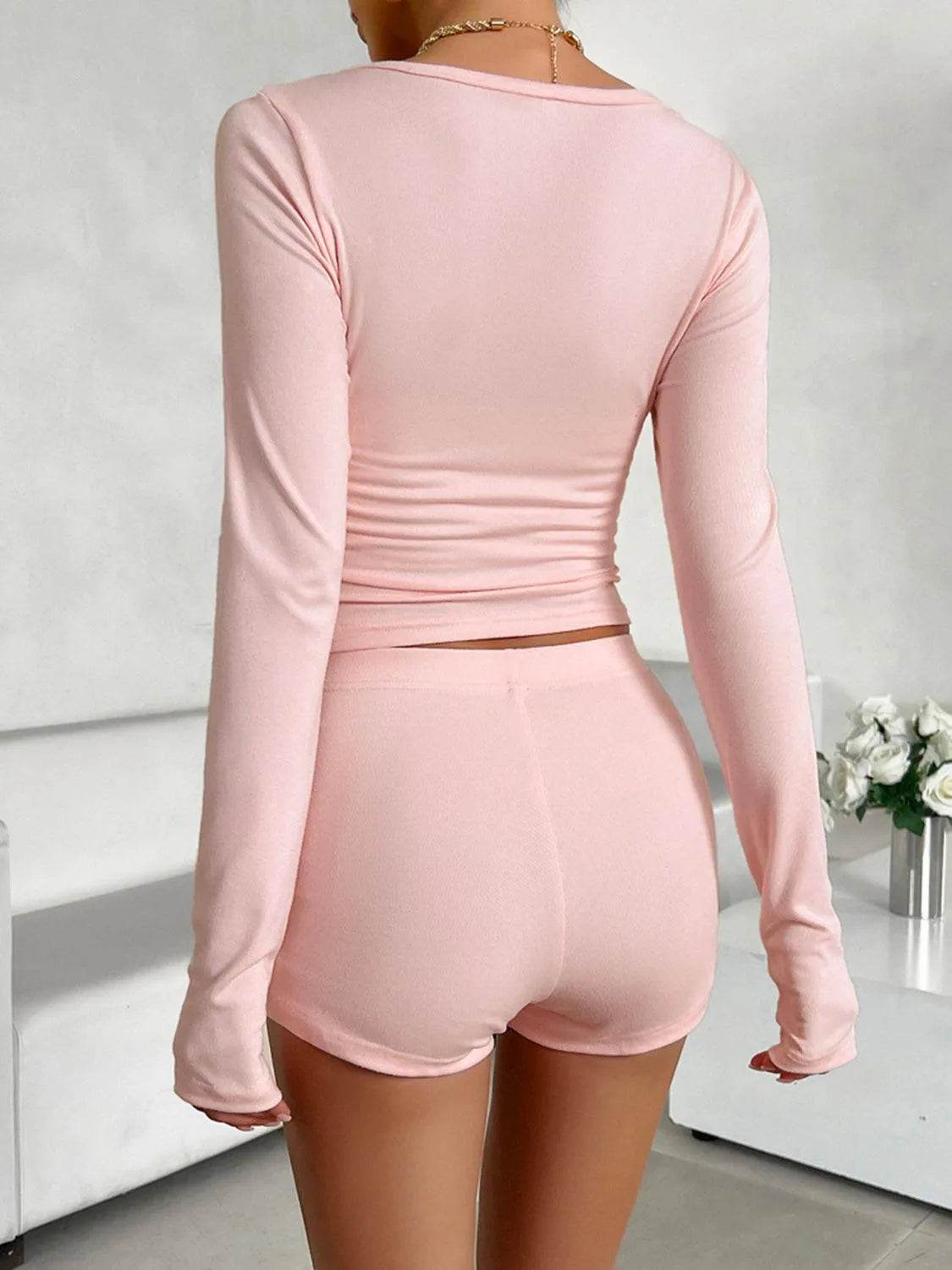 Bona Fide Fashion - Scoop Neck Long Sleeve Top and Shorts Set - Women Fashion - Bona Fide Fashion