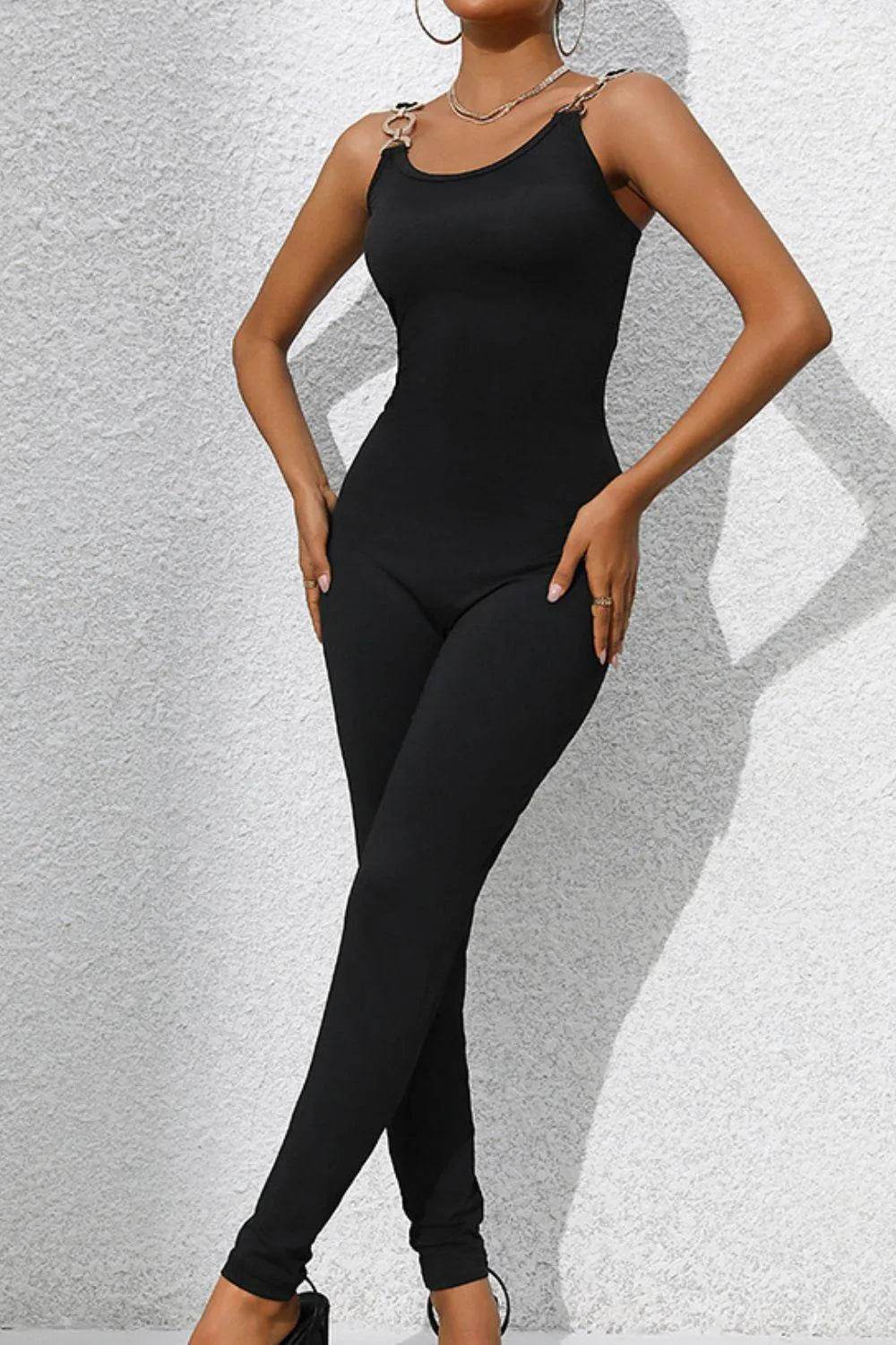 Scoop Neck Wide Strap Skinny Jumpsuit – Sleek & Fitted One-Piece Outfit for Women - Bona Fide Fashion