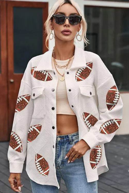 Bona Fide Fashion - Sequin Football Patch Collared Neck Snap Button Jacket - Women Fashion - Bona Fide Fashion