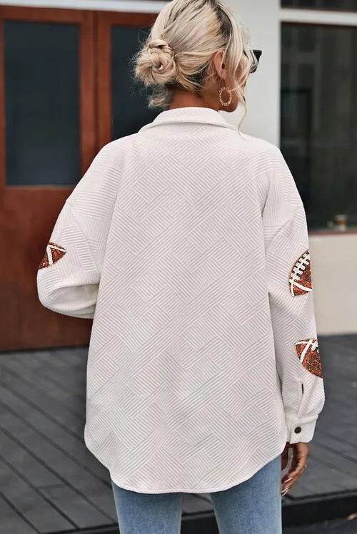 Bona Fide Fashion - Sequin Football Patch Collared Neck Snap Button Jacket - Women Fashion - Bona Fide Fashion