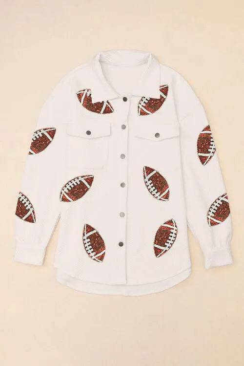 Bona Fide Fashion - Sequin Football Patch Collared Neck Snap Button Jacket - Women Fashion - Bona Fide Fashion