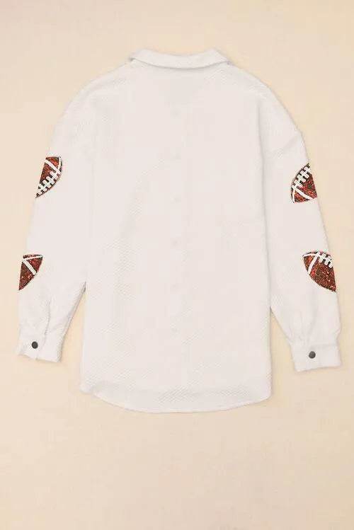 Bona Fide Fashion - Sequin Football Patch Collared Neck Snap Button Jacket - Women Fashion - Bona Fide Fashion