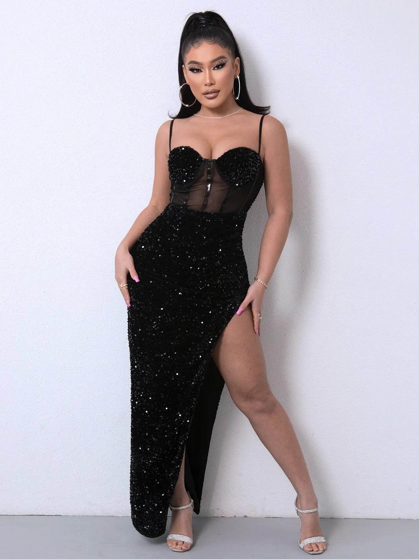 Bona Fide Fashion - Sequin Spliced Mesh Adjustable Strap Dress - Women Fashion - Bona Fide Fashion