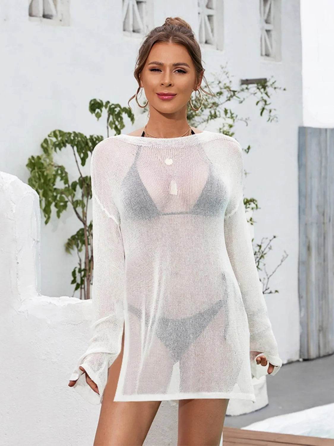 Bona Fide Fashion - Slit Boat Neck Dropped Shoulder Cover-Up - Women Fashion - Bona Fide Fashion