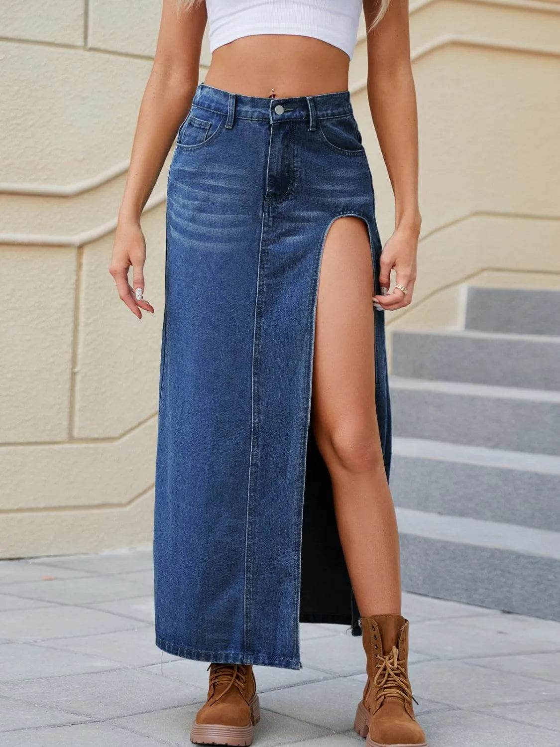 Bona Fide Fashion - Slit Buttoned Denim Skirt with Pockets - Women Fashion - Bona Fide Fashion