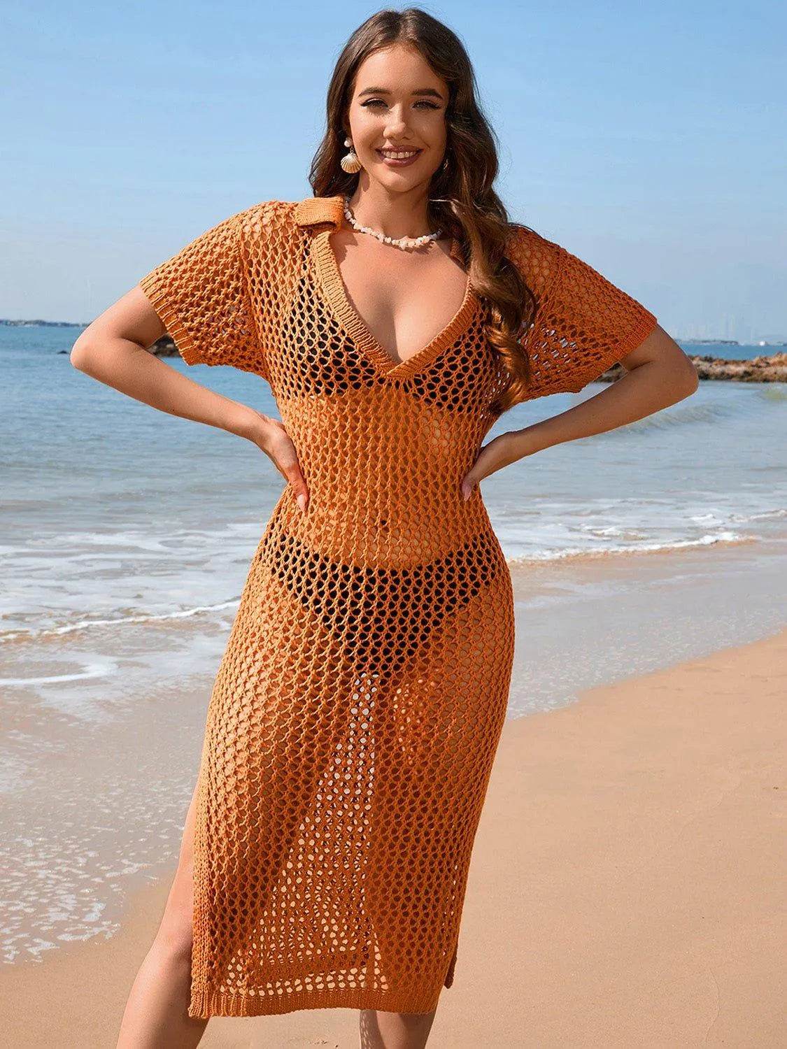Bona Fide Fashion - Slit Openwork Johnny Collar Short Sleeve Cover-Up - Women Fashion - Bona Fide Fashion