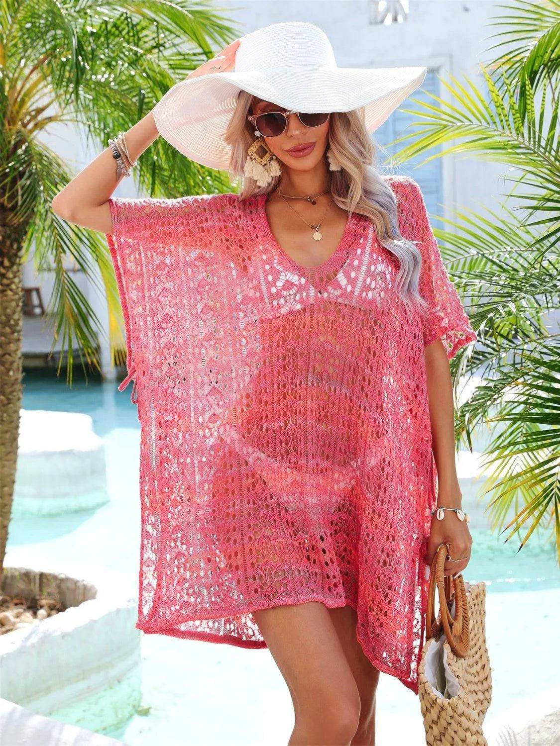 Bona Fide Fashion - Slit Openwork V-Neck Cover Up - Women Fashion - Bona Fide Fashion