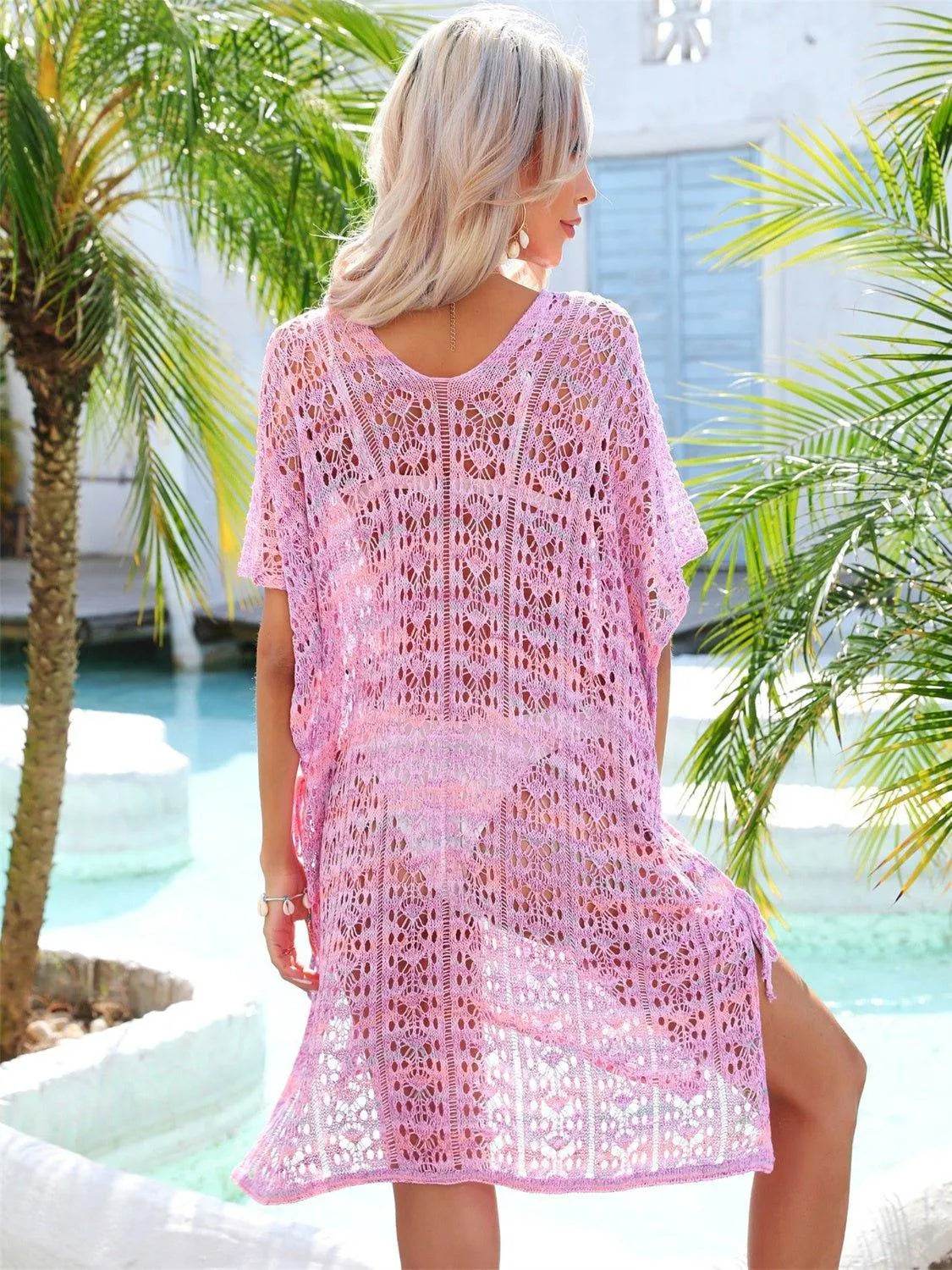 Bona Fide Fashion - Slit Openwork V-Neck Cover Up - Women Fashion - Bona Fide Fashion
