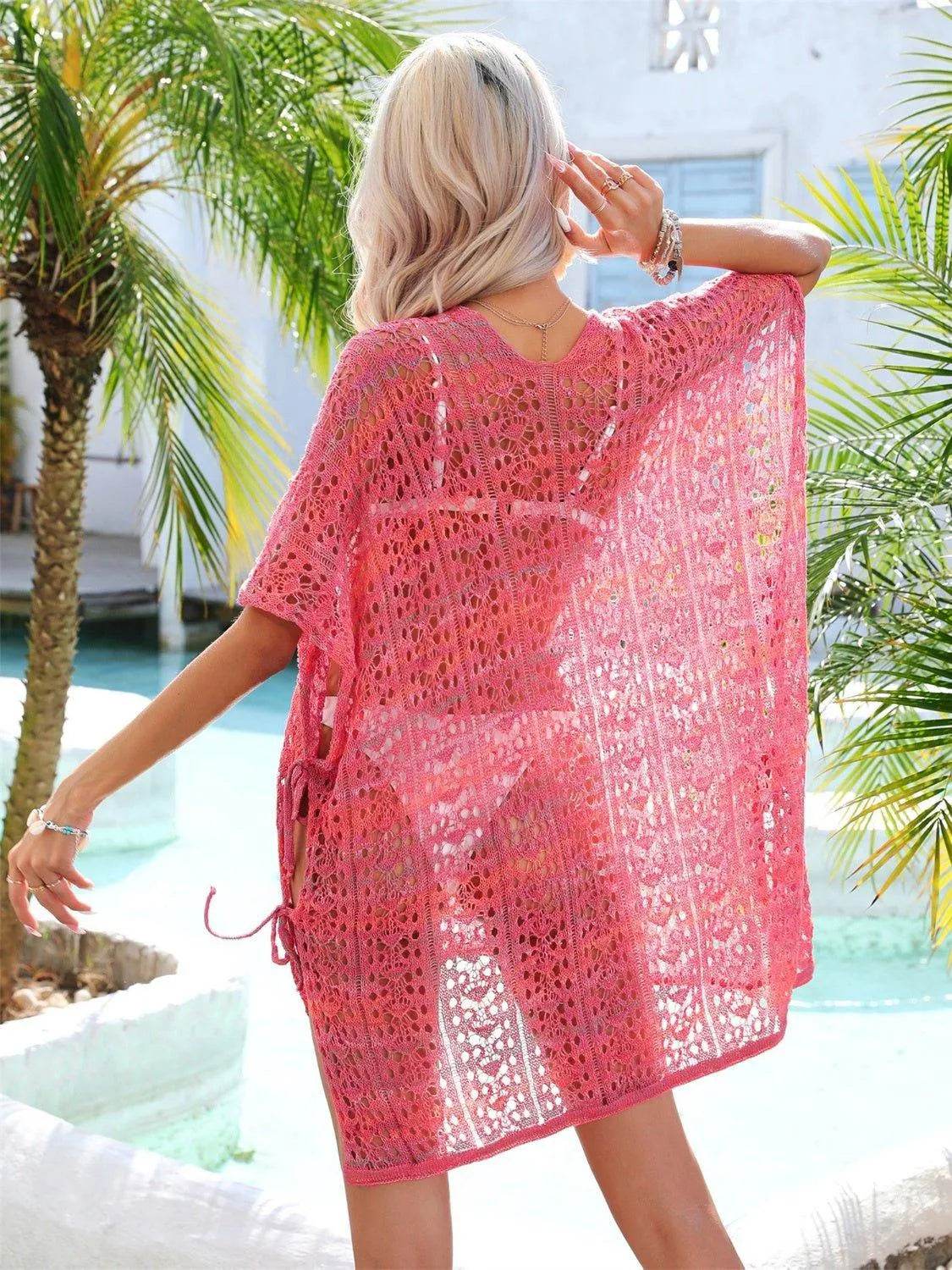 Bona Fide Fashion - Slit Openwork V-Neck Cover Up - Women Fashion - Bona Fide Fashion