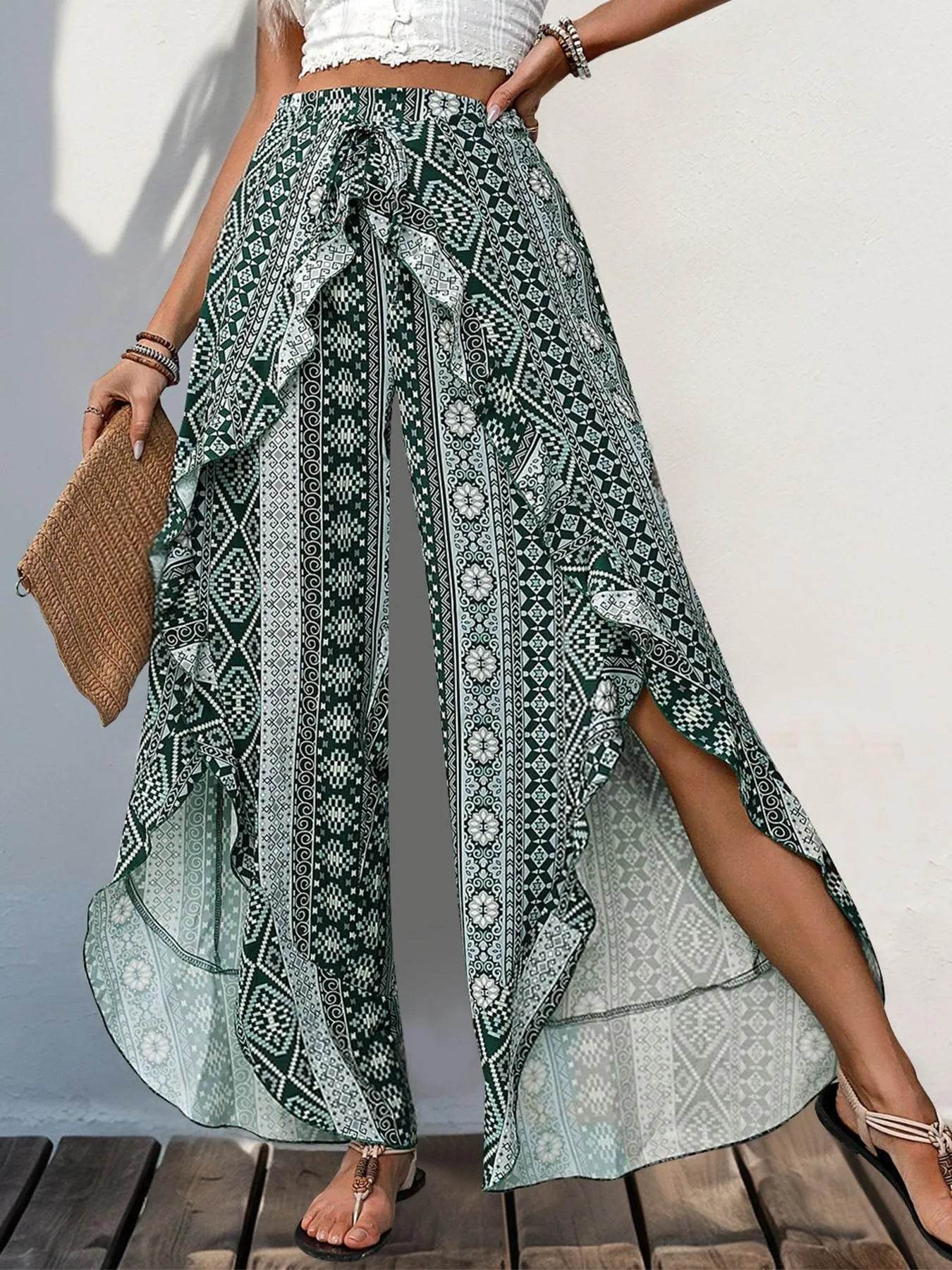 Bona Fide Fashion - Slit Ruffled Geometric Wide Leg Pants - Women Fashion - Bona Fide Fashion