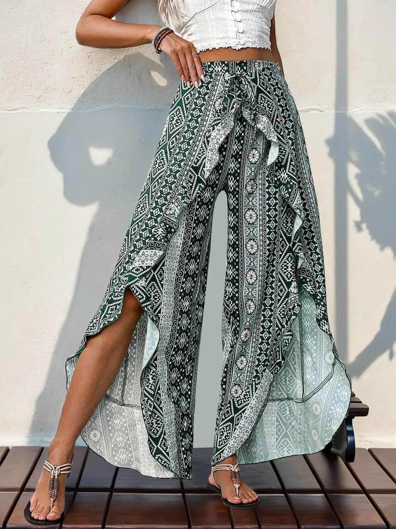 Bona Fide Fashion - Slit Ruffled Geometric Wide Leg Pants - Women Fashion - Bona Fide Fashion