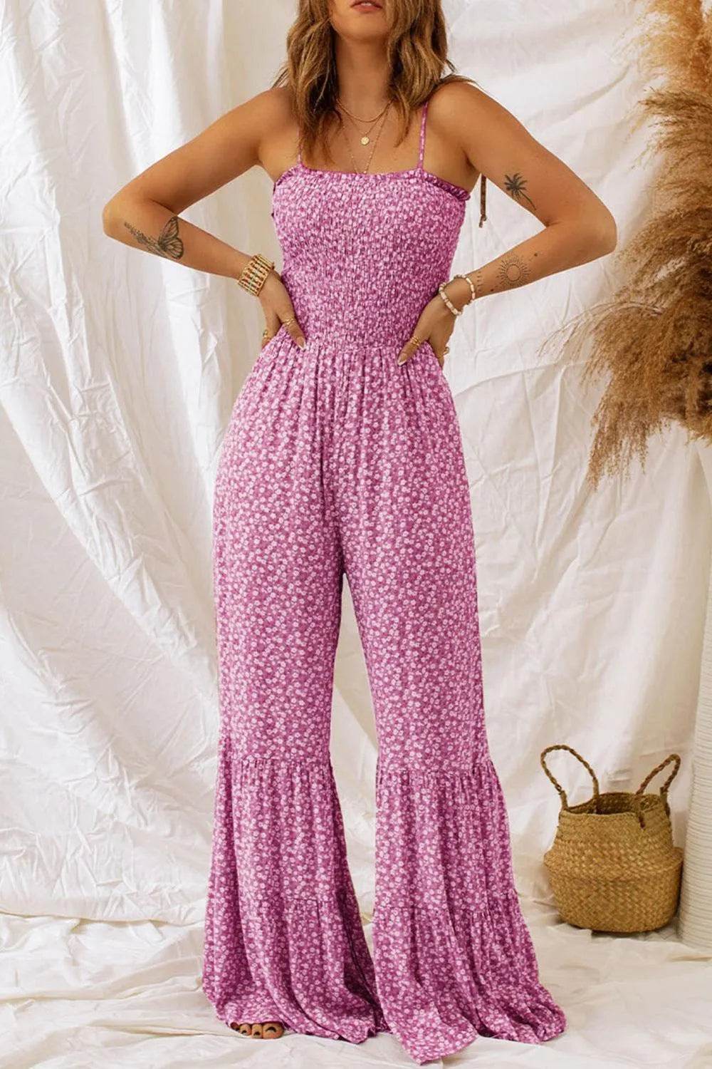 Bona Fide Fashion - Smocked Printed Wide Strap Jumpsuit - Women Fashion - Bona Fide Fashion