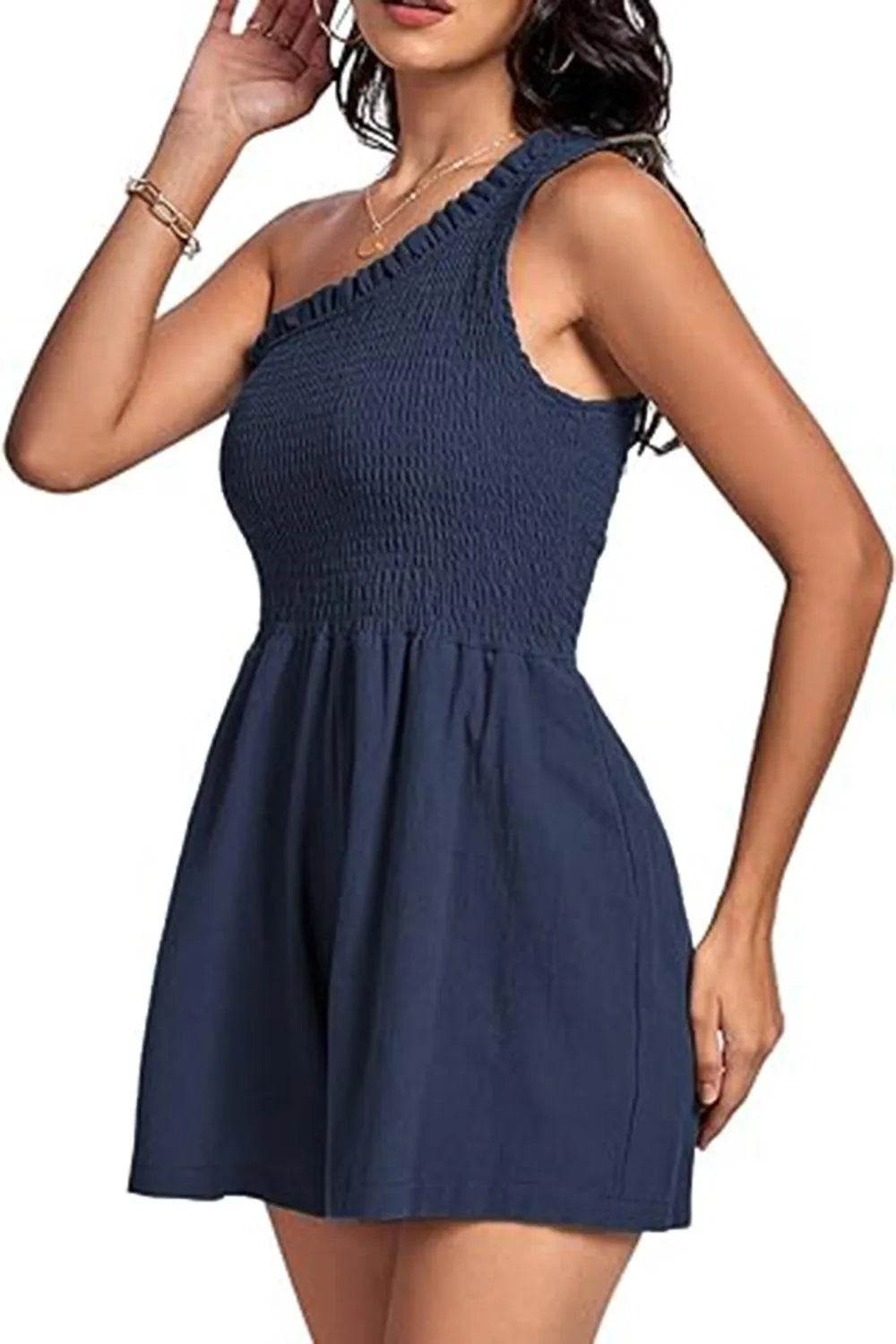 Bona Fide Fashion - Smocked Single Shoulder Romper - Women Fashion - Bona Fide Fashion