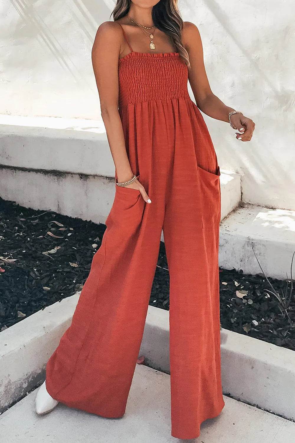 Bona Fide Fashion - Smocked Spaghetti Strap Wide Leg Jumpsuit - Women Fashion - Bona Fide Fashion