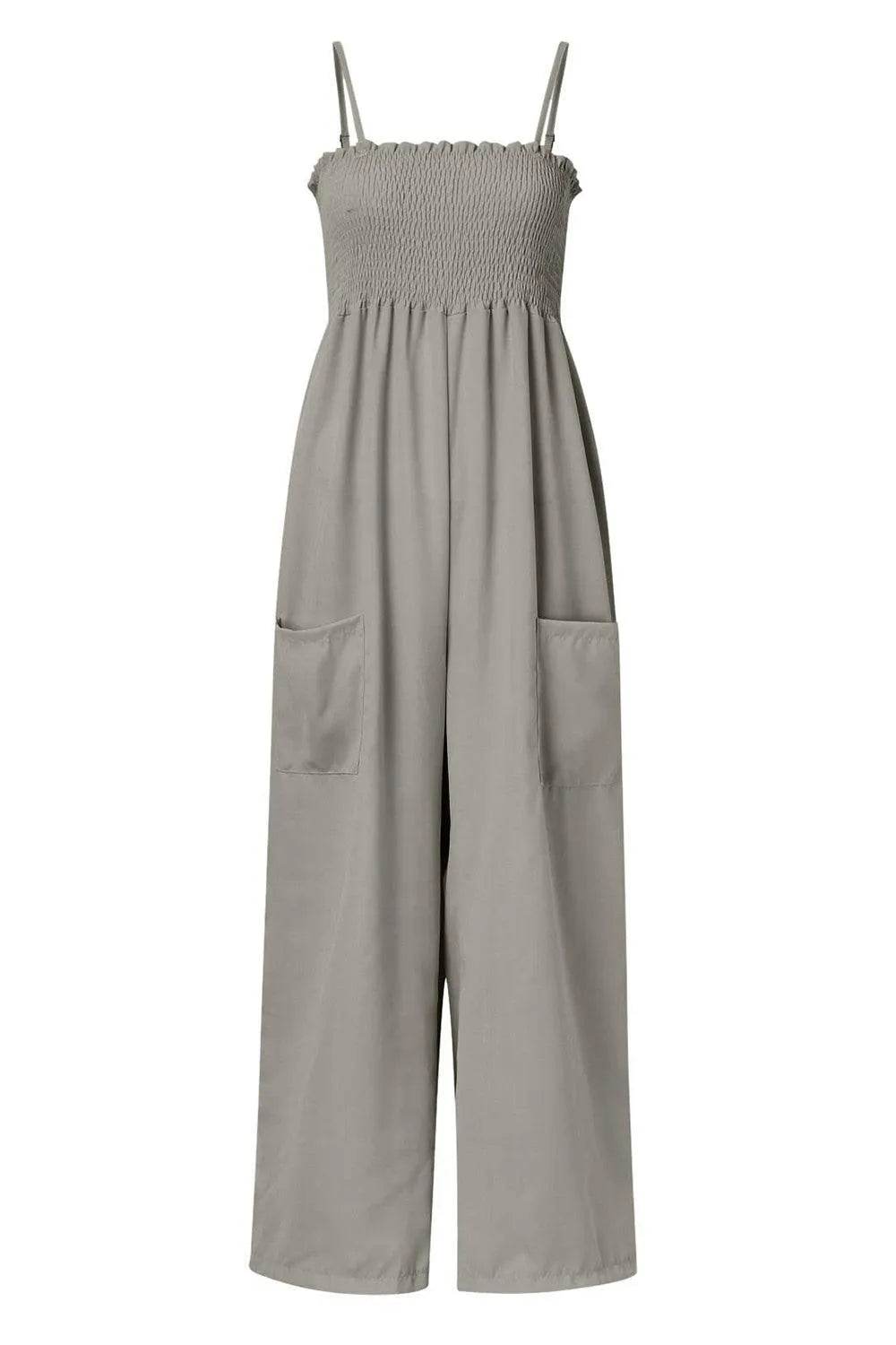 Bona Fide Fashion - Smocked Spaghetti Strap Wide Leg Jumpsuit - Women Fashion - Bona Fide Fashion