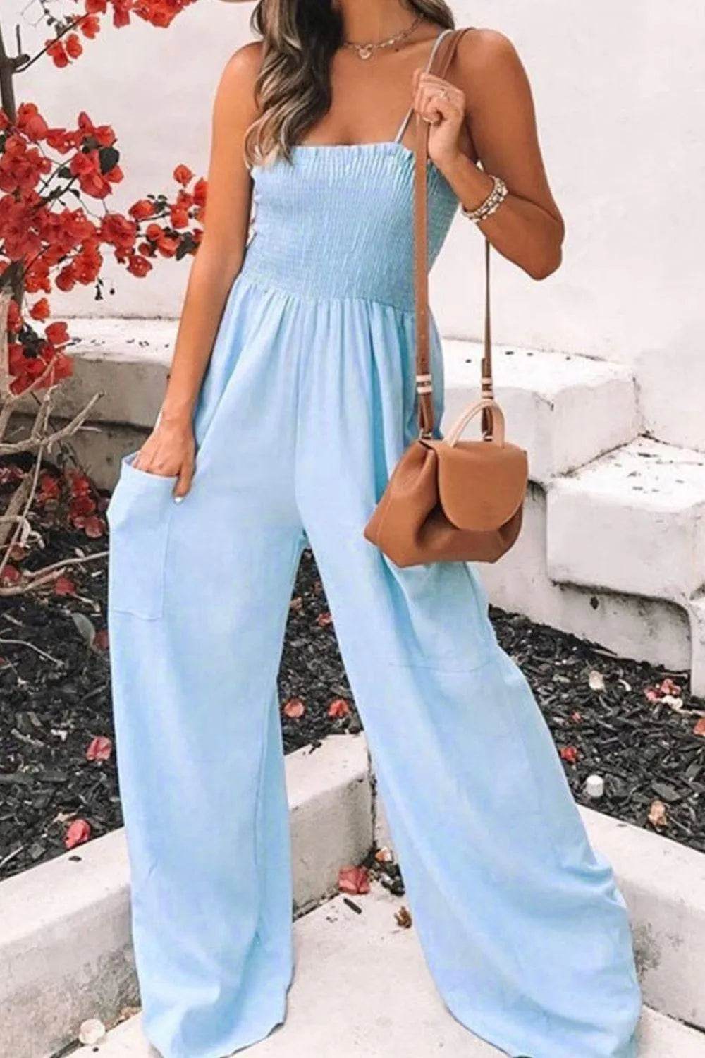 Bona Fide Fashion - Smocked Spaghetti Strap Wide Leg Jumpsuit - Women Fashion - Bona Fide Fashion